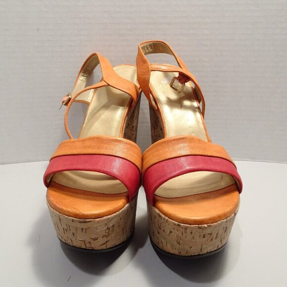 STUART WEITZMAN Platform Sandals Orange Leather Straps Cork Heel Size 37.5 EU 7 - Picture 1 of 5